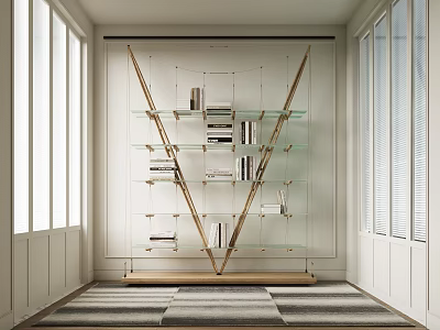 Modern V Shaped Brass Frame Glass Shelf Bookcase With Books And Decorative Items 3d model