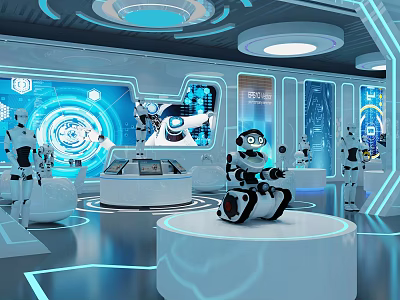 Futuristic Tech Display Featuring Robots On Circular Platforms Blue Screens And Glowing Lines 3d model