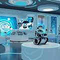 Futuristic Tech Display Featuring Robots On Circular Platforms Blue Screens And Glowing Lines 3d model