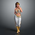 Female Character Standing in White and Gold Outfit with Elaborate Headpiece and Ornate Details