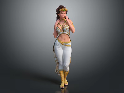 Female Character Standing in White and Gold Outfit with Elaborate Headpiece and Ornate Details 3d model