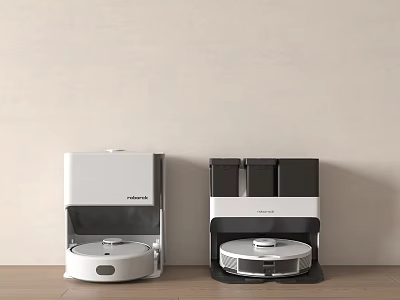 Two Stylish Robotic Vacuum Cleaners in White and Black Designs on Wooden Floor 3d model