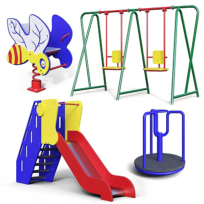 Colorful Outdoor Playground Equipment With Swings Slide Spinner And Bee Shaped Spring Rider 3d model