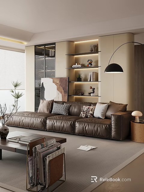 Modern Living Room Interior With Brown Leather Sofa Decorative Painting Shelves And Floor Lamp 3d model 