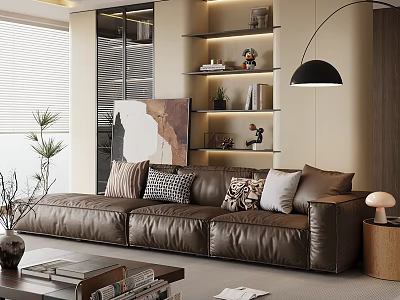 Modern Living Room Interior With Brown Leather Sofa Decorative Painting Shelves And Floor Lamp 3d model
