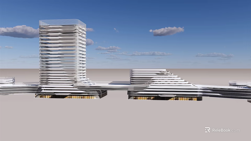 Modern Multi Story Office Building With White Linear Facade And Connected Structures Under Blue Sky 3d model