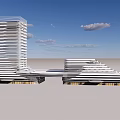 Modern Multi Story Office Building With White Linear Facade And Connected Structures Under Blue Sky 3d model