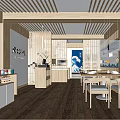 Wooden Restaurant Interior With Dining Tables Chairs Pendant Lights Decorative Painting And Display Shelves