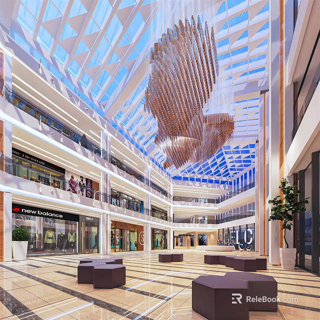 Bright Shopping Mall Atrium With Glass Skylight Wooden Chandelier Multi Level Shops And Seating Areas 3d model 