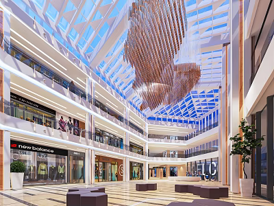 Bright Shopping Mall Atrium With Glass Skylight Wooden Chandelier Multi Level Shops And Seating Areas 3d model