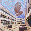 Bright Shopping Mall Atrium With Glass Skylight Wooden Chandelier Multi Level Shops And Seating Areas