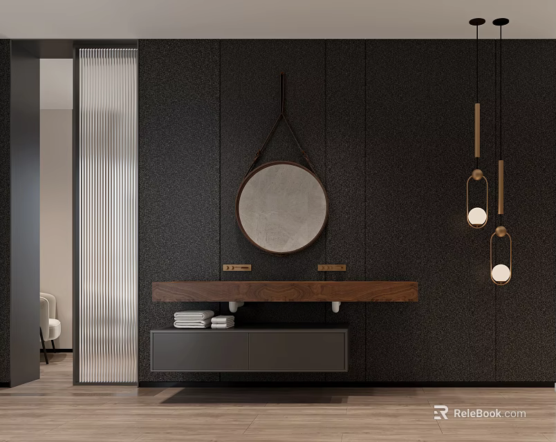 Modern Bathroom Vanity With Black Wall Round Mirror Pendant Lights And Wooden Countertop 3d model 