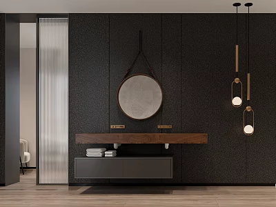 Modern Bathroom Vanity With Black Wall Round Mirror Pendant Lights And Wooden Countertop 3d model