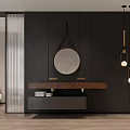 Modern Bathroom Vanity With Black Wall Round Mirror Pendant Lights And Wooden Countertop