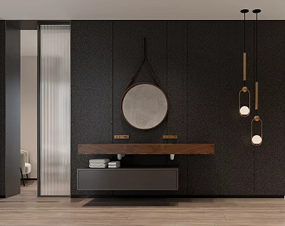 Modern Bathroom Vanity With Black Wall Round Mirror Pendant Lights And Wooden Countertop 3d model