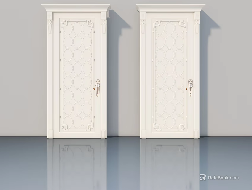 Two White Hinged Doors With Intricate Carved Patterns And Metal Handles On Smooth Floor 3d model 