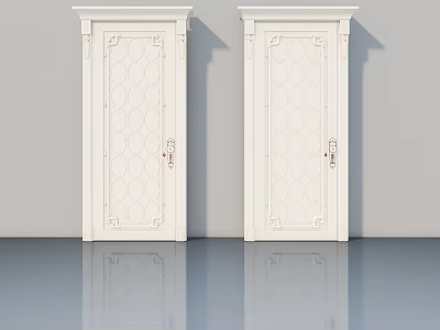 Two White Hinged Doors With Intricate Carved Patterns And Metal Handles On Smooth Floor 3d model