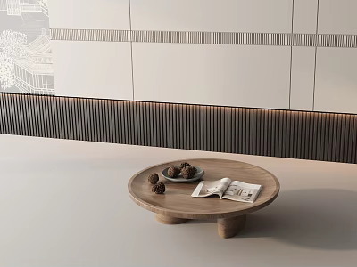 Round Wooden Coffee Table With Nuts Plate And Open Magazine In Minimalist Room 3d model