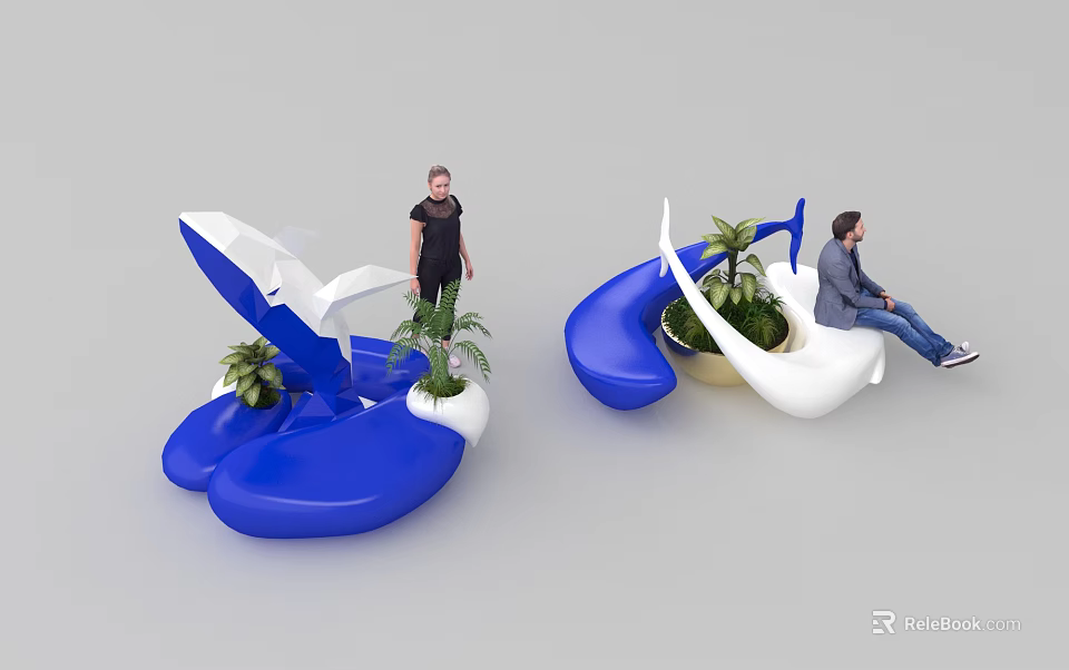 Modern Public Chair Design In Blue And White With Potted Plants For Seating 3d model 
