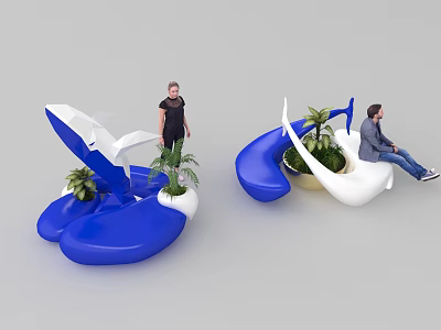 Modern Public Chair Design In Blue And White With Potted Plants For Seating 3d model
