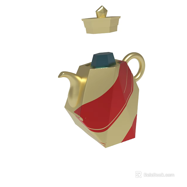 Modern Geometric Teapot With Gold Red Pattern And Blue Lid Design 3d model 