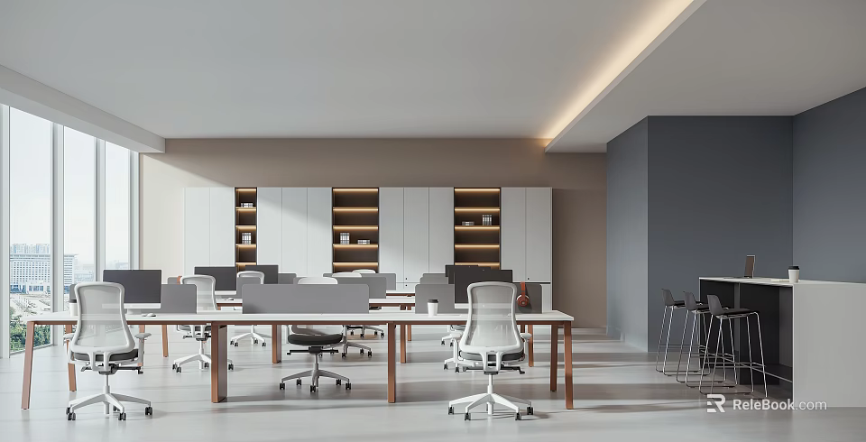 Modern Public Office Space With Open Layout Desks Office Chairs And Storage Cabinets 3d model 