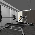 Contemporary Recreation Room With Barbell Treadmill Bench Wooden Walls Mirrors And Light Wooden Floor