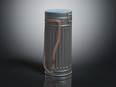 Gray Cylindrical Insulated Container With Brown Leather Strap Handle For Daily Use 3d model