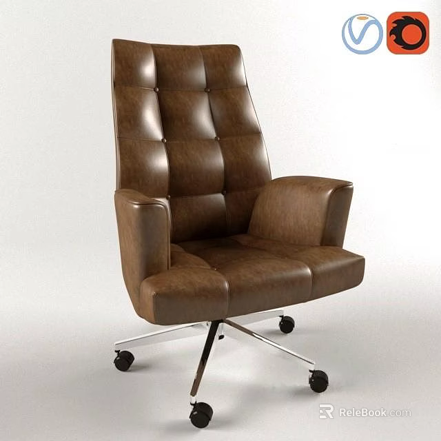Brown Leather Office Chair with Tufted Backrest Armrests Swivel Base and Wheels 3d model 