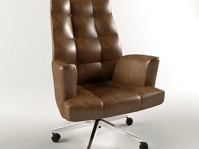 Brown Leather Office Chair with Tufted Backrest Armrests Swivel Base and Wheels 3d model