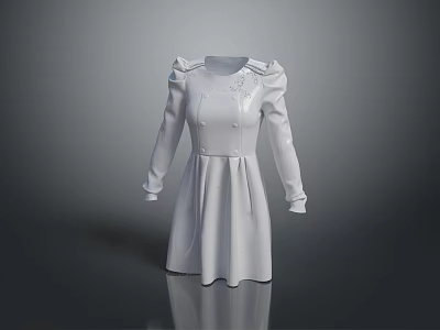 Elegant White Dress With Puffed Sleeves Double Breasted Buttons And Embroidery Details 3d model