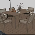 Stylish Outdoor Table With Six Chairs Umbrella Decorative Vase And Fruit Plate On Wooden Deck