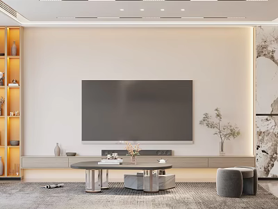 Modern Living Room Interior With Large TV Wall Illuminated Shelves Coffee Table Stools And Plant 3d model