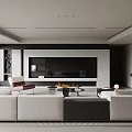 Modern Living And Dining Room Interior With White Sofas Black Coffee Table Fireplace TV Wall