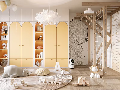 Kids Room Interior Design With Yellow Cabinets White Chandelier Toys On Carpet And Wooden Staircase 3d model