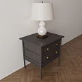 Dark Wood Nightstand With Two Drawers Gold Knobs And White Base Beige Shade Table Lamp 3d model