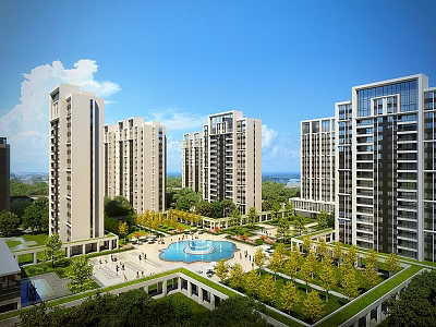 Modern High Rise Residential Buildings With Landscaped Gardens Central Fountain And Open Green Spaces 3d model
