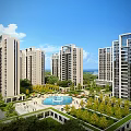 Modern High Rise Residential Buildings With Landscaped Gardens Central Fountain And Open Green Spaces