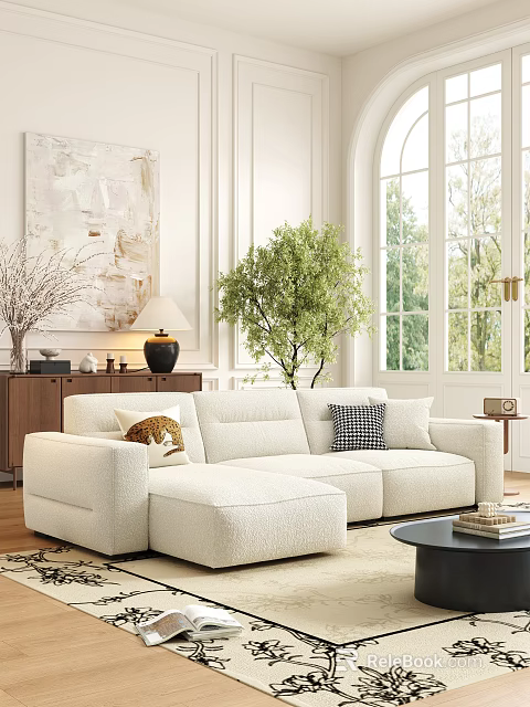 Cozy White Sofa And Black Coffee Table Set With Abstract Painting Large Windows Green Plants 3d model 