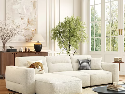 Cozy White Sofa And Black Coffee Table Set With Abstract Painting Large Windows Green Plants 3d model