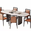Modern Dining Table Set With Marble Top And Brown Leather Chairs 3d model
