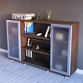 Wooden Bookcase With Glass Doors Featuring Vintage Suitcase Binders Books And Decorative Items