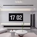 Modern Living Dining Room Open Concept Black Sofa Round Coffee Table White Walls Gray Tiles