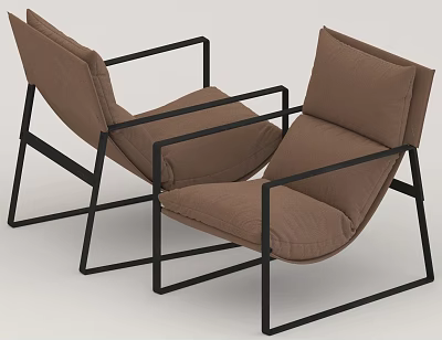 Two Modern Brown Leisure Chairs With Black Metal Frame And Comfortable Cushioned Seats 3d model