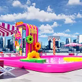 Pink Interactive Area With Colorful Decorations Striped Umbrellas Deck Chairs And City Skyline