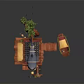 Cartoon Scene with Traditional Chinese Building Shark on Roof Small Boat and Green Plants