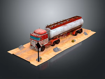 Red and White Oil Tank Truck Model Displayed on Sandy Base With Stones 3d model