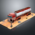 Red and White Oil Tank Truck Model Displayed on Sandy Base With Stones