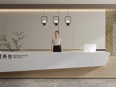 Modern Reception Desk With Receptionist Laptop Pendant Lights And Green Plant 3d model