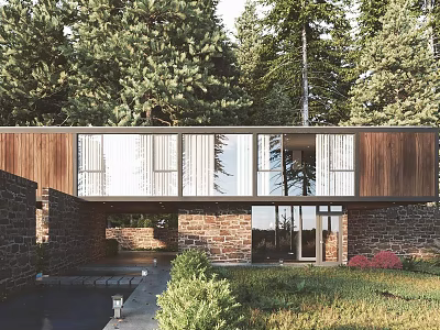 Lush Forest Single Family Home With Wooden Stone Exterior Large Windows Front Garden and Driveway 3d model
